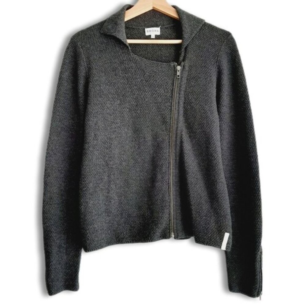 BRORA Merino Cashmere Blend Full Zip Knit Moto Style Cardigan Jacket Grey Sz S